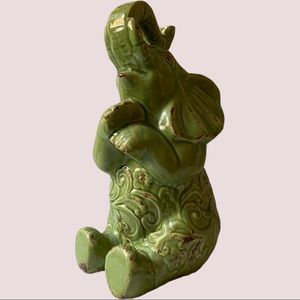 Adorable Green Crackle Glaze Sitting Elephant with Floral Relief Design